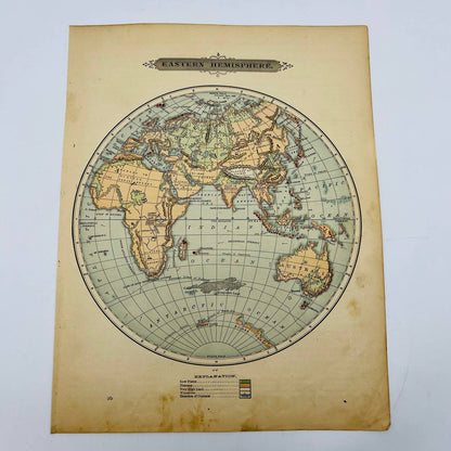 1896 Harper’s School Geography Physical Map of EASTERN HEMISPHERE Color 9x12 FL1