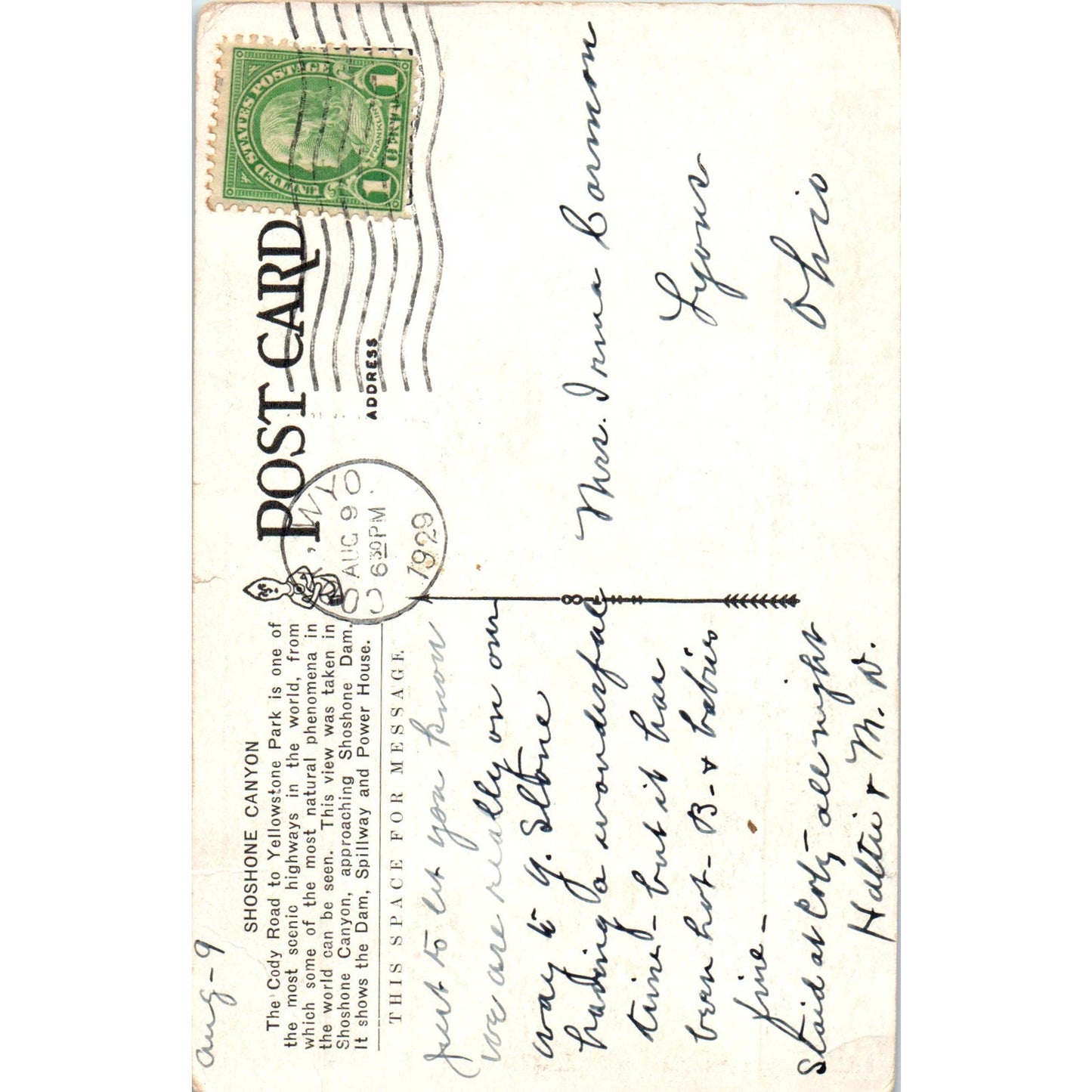 Shoshone Canyon Cody Road 1929 Yellowstone Park Original Postcard P2-5