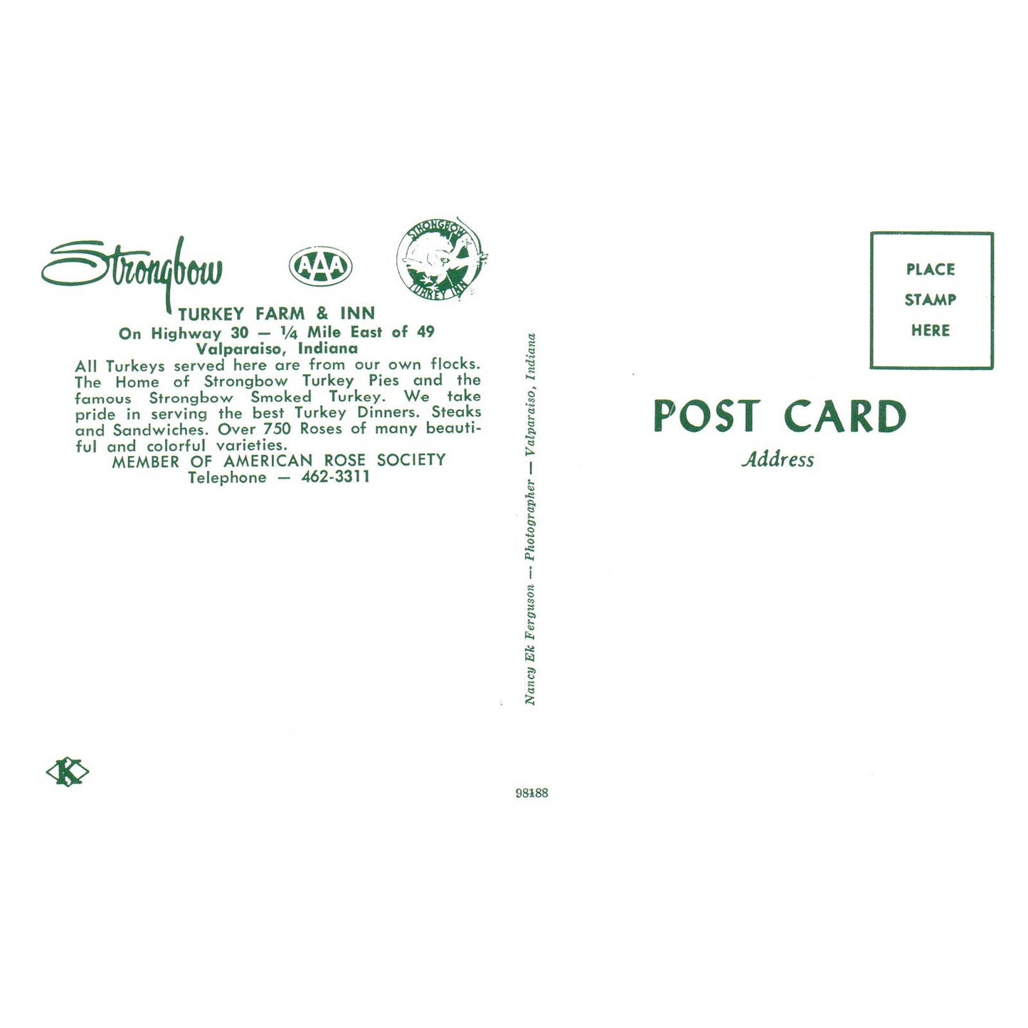 Vintage Postcard - Strongbow Turkey Farm & Inn AAA Valparaiso Indiana TJ6-1