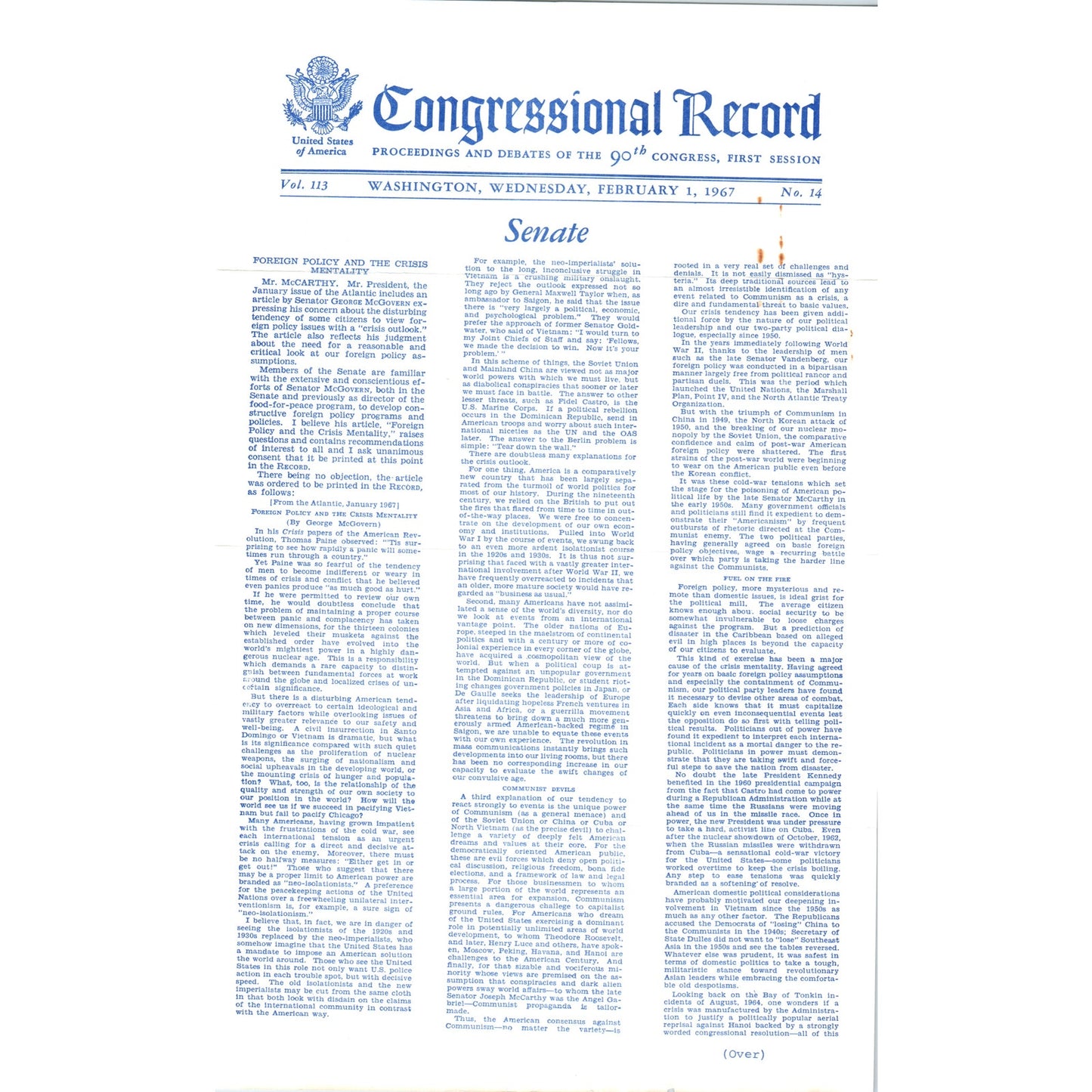 The Congressional Record Feb 1 1965 George McGovern on Foreign Policy B13
