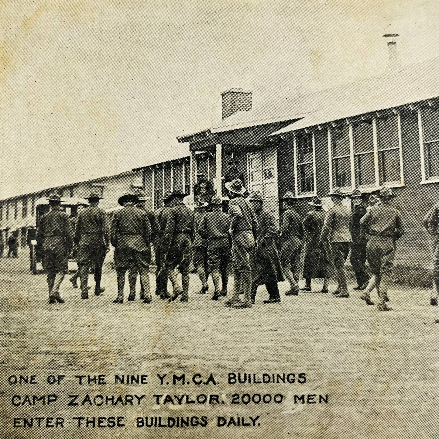 c1918 Postcard WWI Soldiers at YMCA Building Camp Zachary Taylor KY PA9