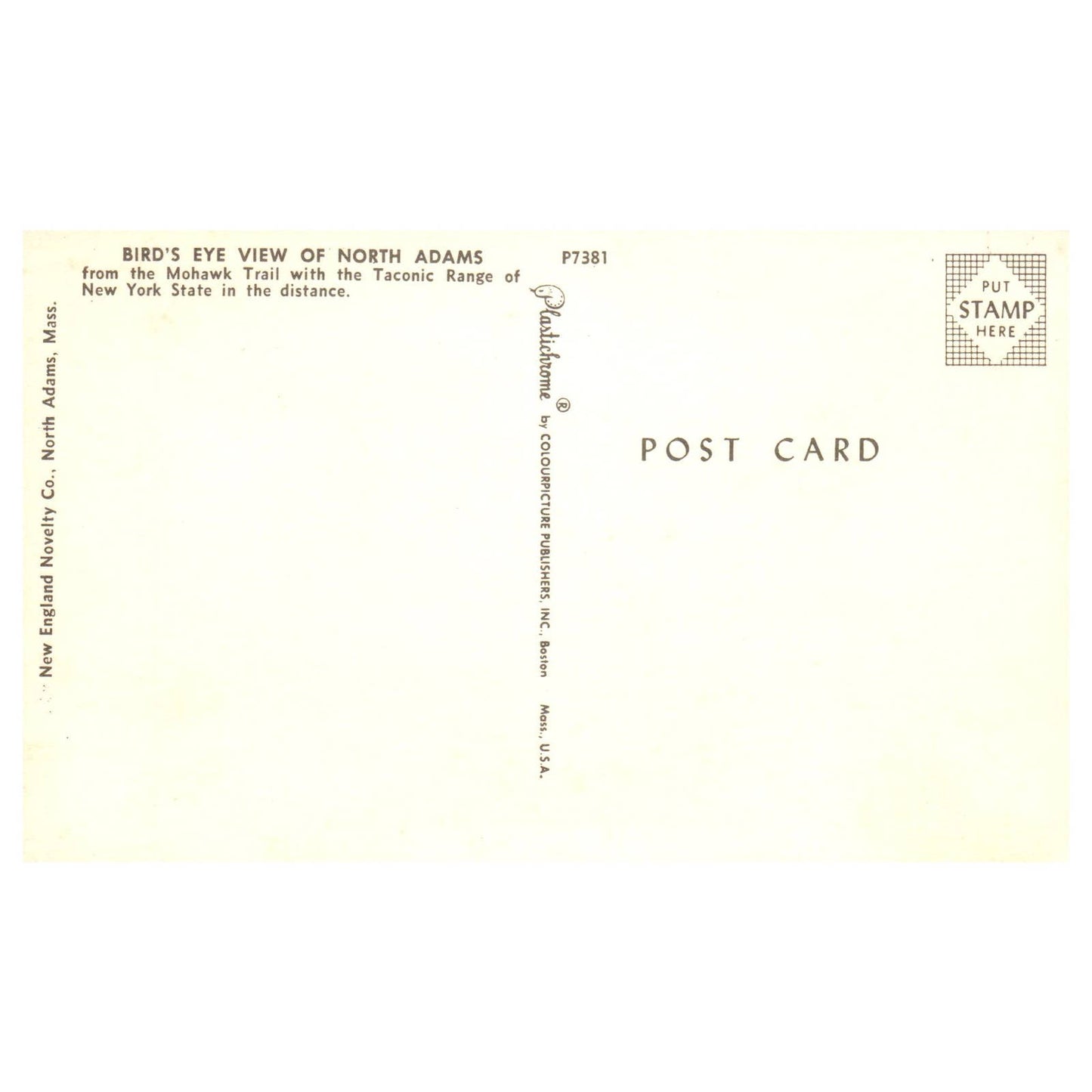 Vintage Postcard - Bird's Eye View of North Adams Mohawk Trail New York AD9