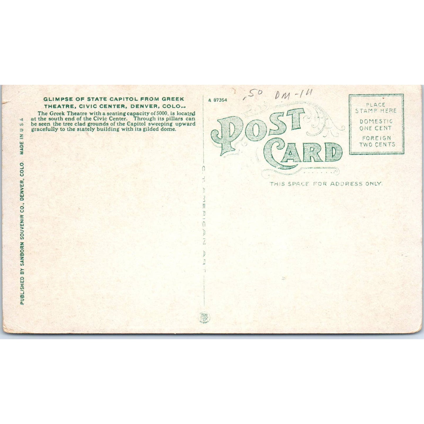 Greek Theatre Civic Center Denver Colorado Original Postcard TK1-24