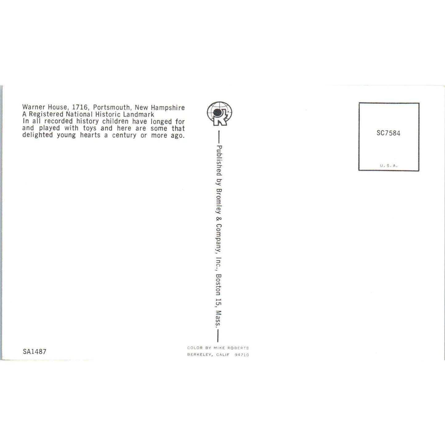 Warner House Children's Toys & Dolls Portsmouth NH Original Postcard PB9