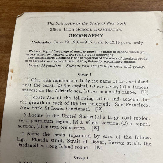 1918 University of the State of New York NYU 219th High School Geography Test A7
