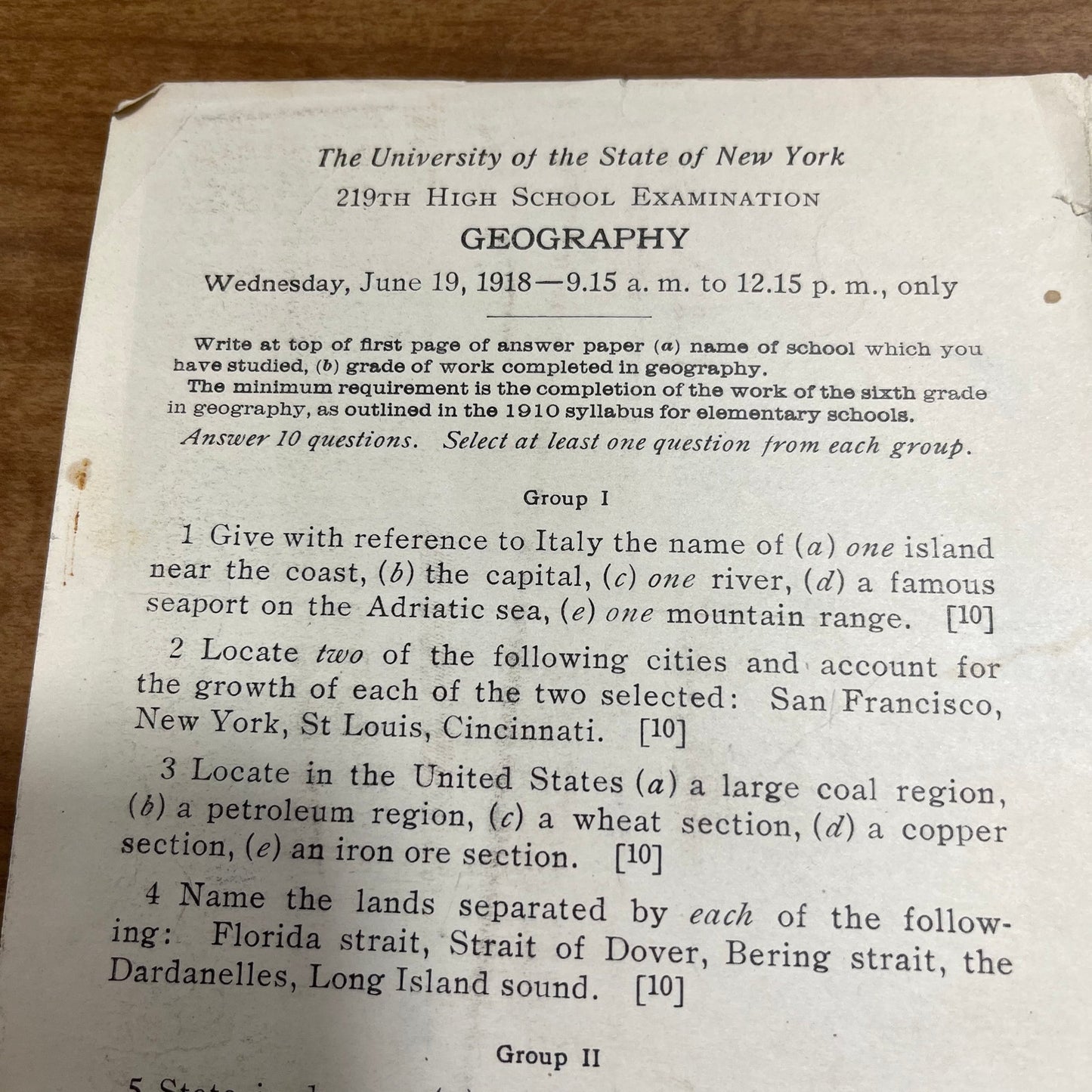 1918 University of the State of New York NYU 219th High School Geography Test A7