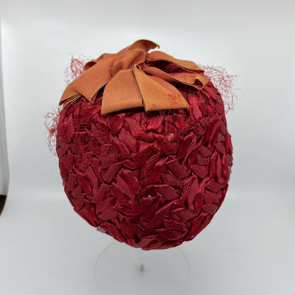 Vintage Red Straw Weave Bucket Hat With Orange Bow HB1