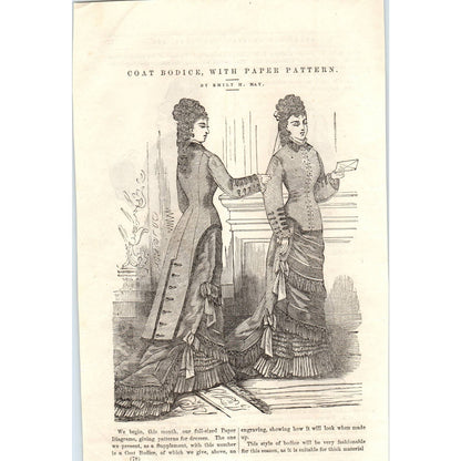 1878 Victorian Engraving Women's Fashion Coat Bodice Dress SF2