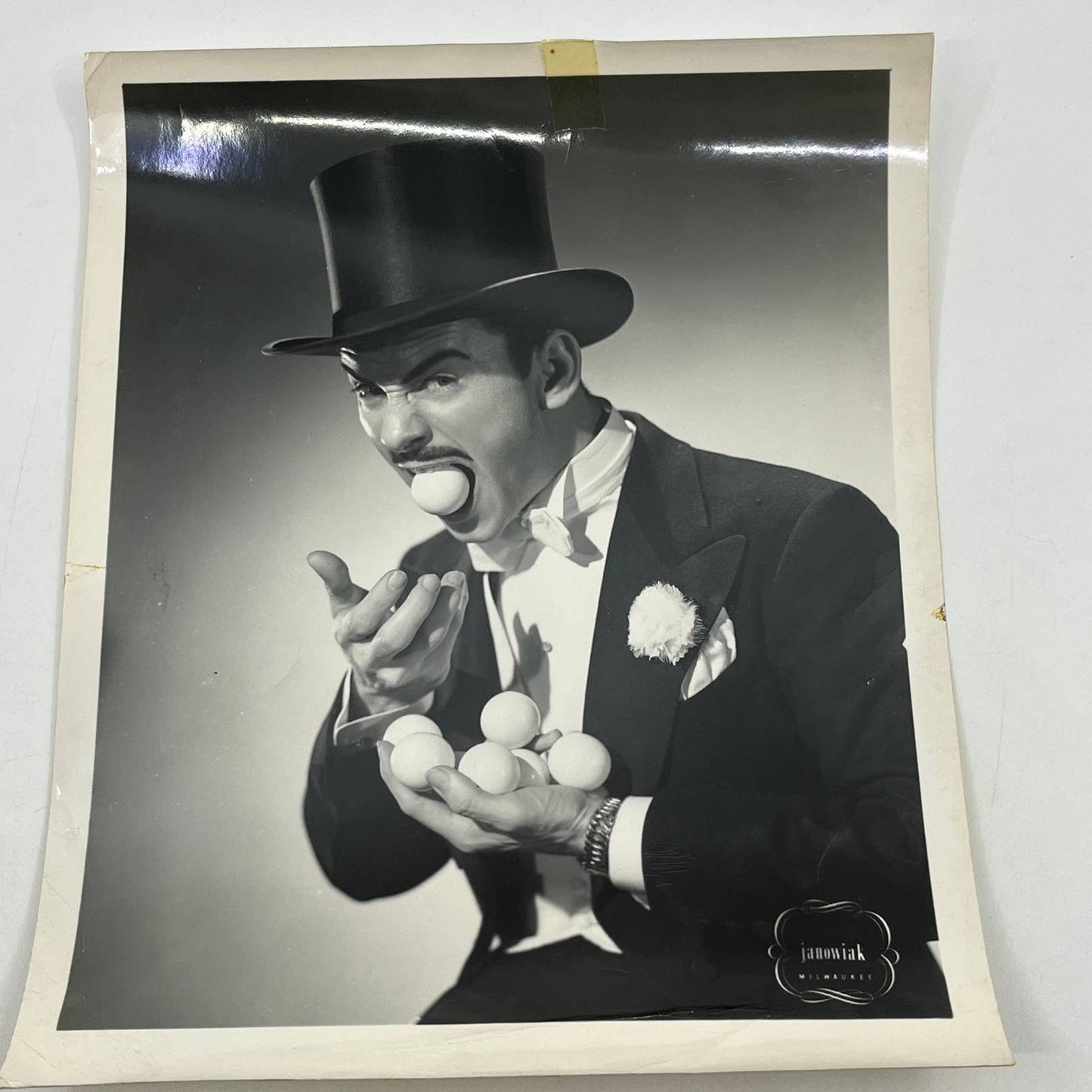 1950s Magician in Tuxedo & Tophat w/ Ping Pong Balls Photograph 8x10" AB7