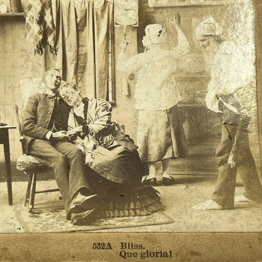 1890s Stereoview Card Victorian Couple Sleeping Bliss Que Gloria TJ3