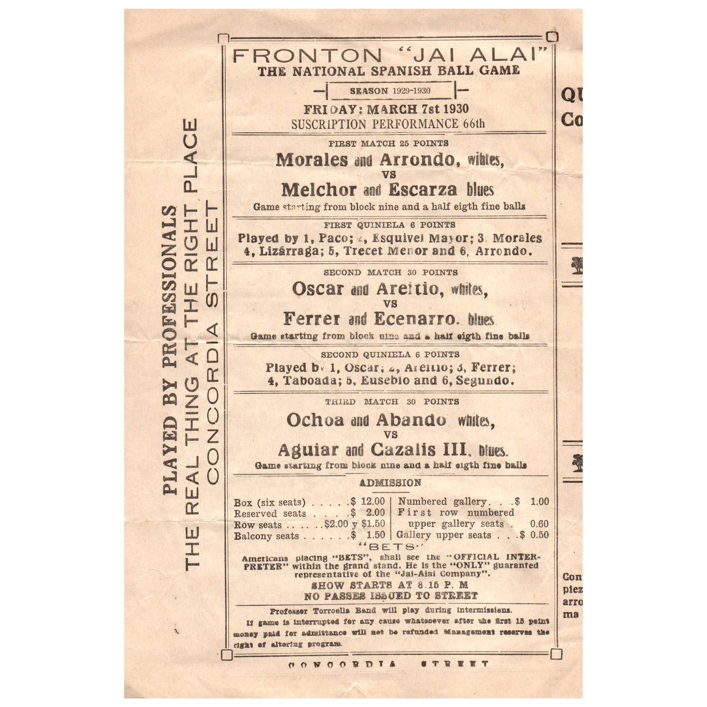 1930 Fronton Jai Alai Flyer Poster Schedule and Rules Concordia Street AD8