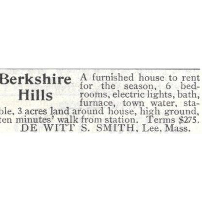 Berkshire Hills House for Rent De Witt S. Smith Lee MA 1903 Original Ad AK5-S34