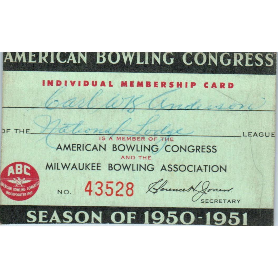 1950 American Bowling Congress Milwaukee Membership Card National Lodge SE5-37