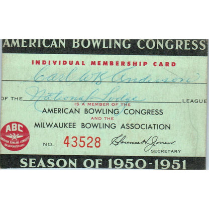 1950 American Bowling Congress Milwaukee Membership Card National Lodge SE5-37