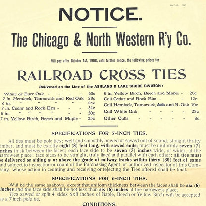 1908 CHICAGO and NORTHWESTERN RAILWAY Railroad Cross Ties Notice AB8