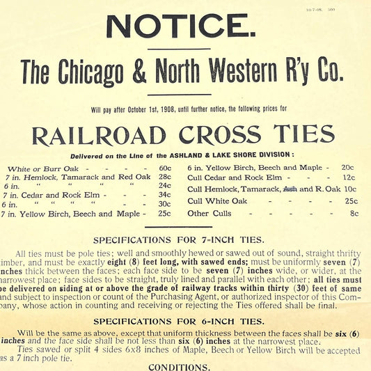 1908 CHICAGO and NORTHWESTERN RAILWAY Railroad Cross Ties Notice AB8