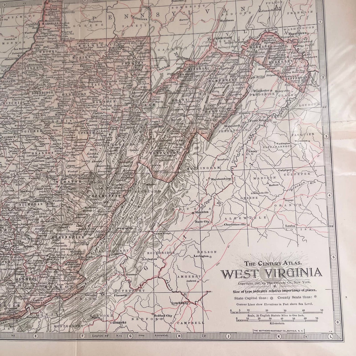 Antique 1897 The Century Atlas Map of West Virginia USA Engraved 12.5 x 17 FL5