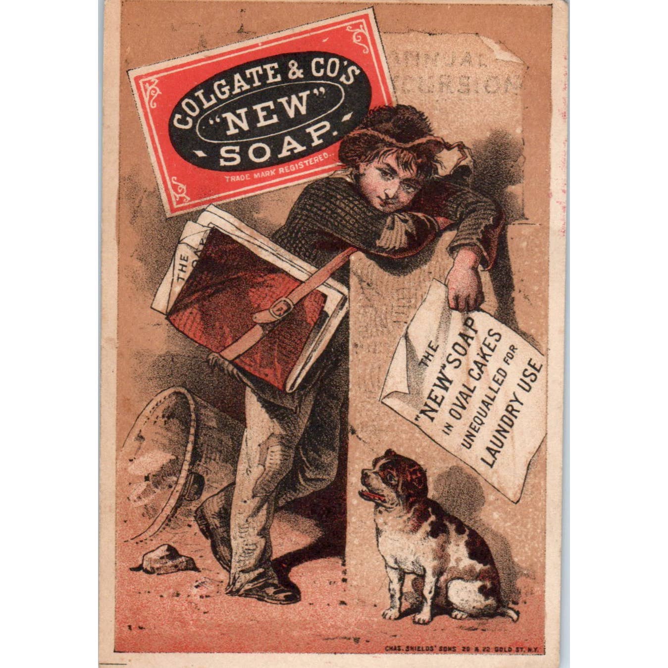 1880s Victorian Trade Card Colgate & Co's New Soap Newsboy & Dog SE8