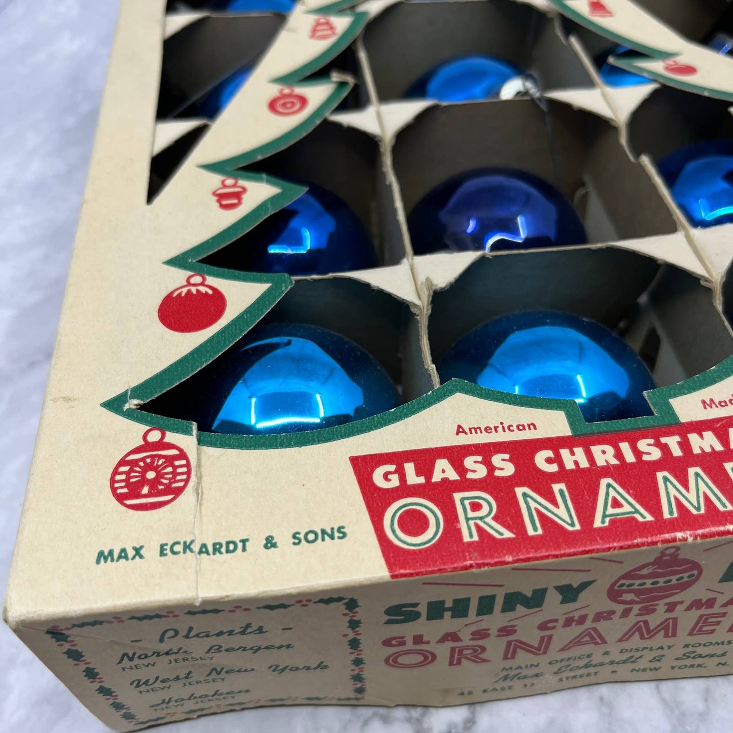 Shiny Brite 12 Vintage Mercury Glass Ornaments With Original Box Dark Blue