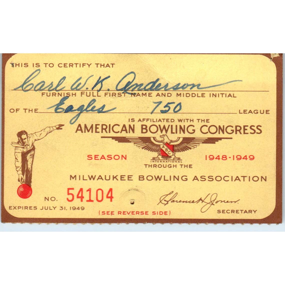 1948 American Bowling Congress Milwaukee Membership Card Eagles 750 SE5-16