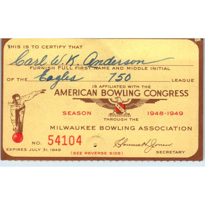 1948 American Bowling Congress Milwaukee Membership Card Eagles 750 SE5-16