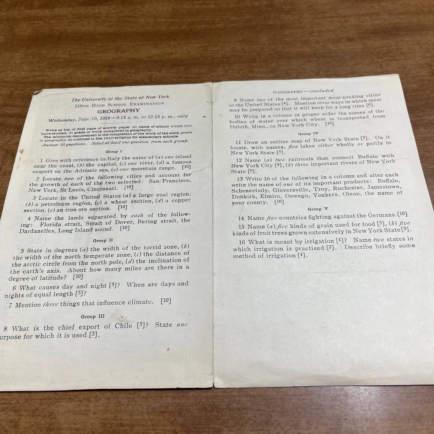 1918 University of the State of New York NYU 219th High School Geography Test A7