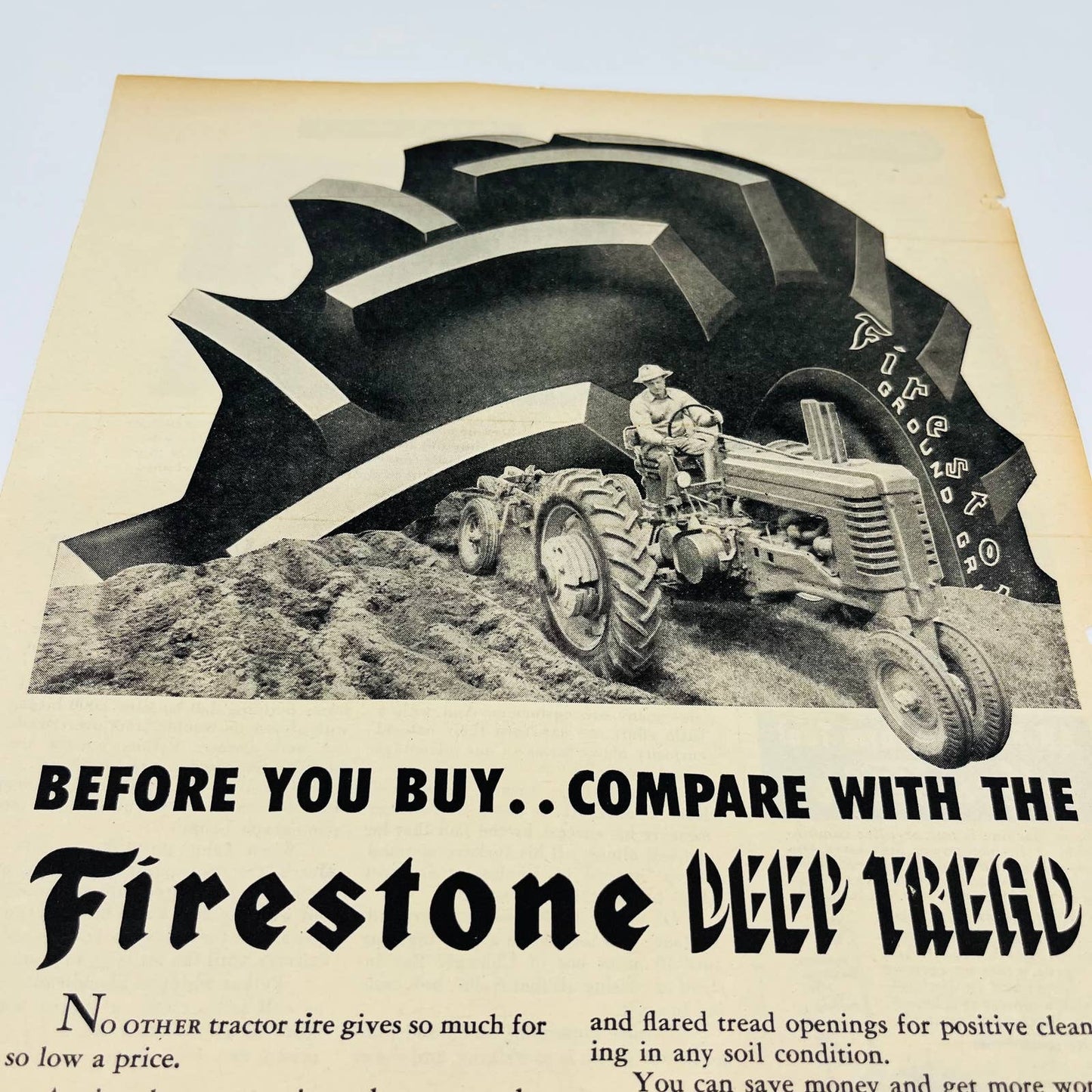 Vintage Advertisement FIRESTONE Deep Tread Tractor Tires Farmer on Tractor AA1