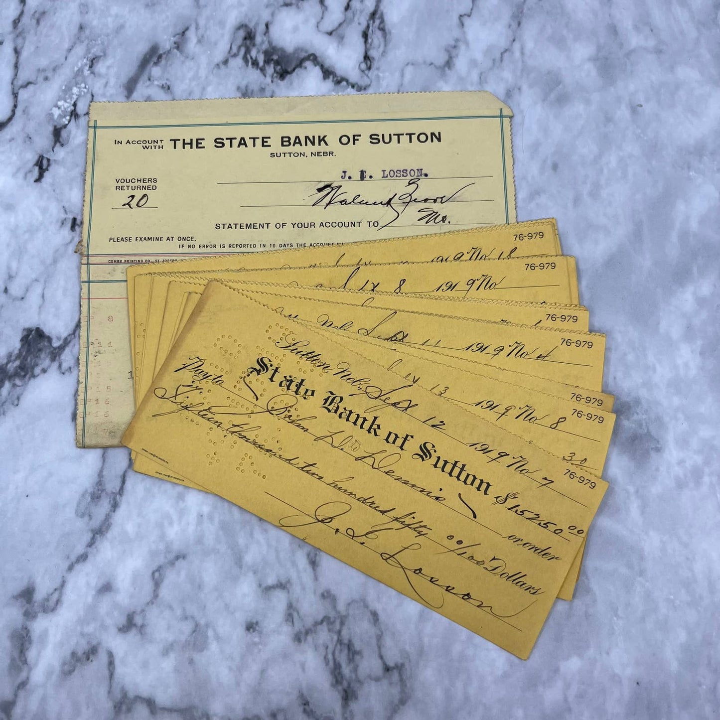 1919 State Bank of Sutton NE Statement & Checks J.L. Losson EA4