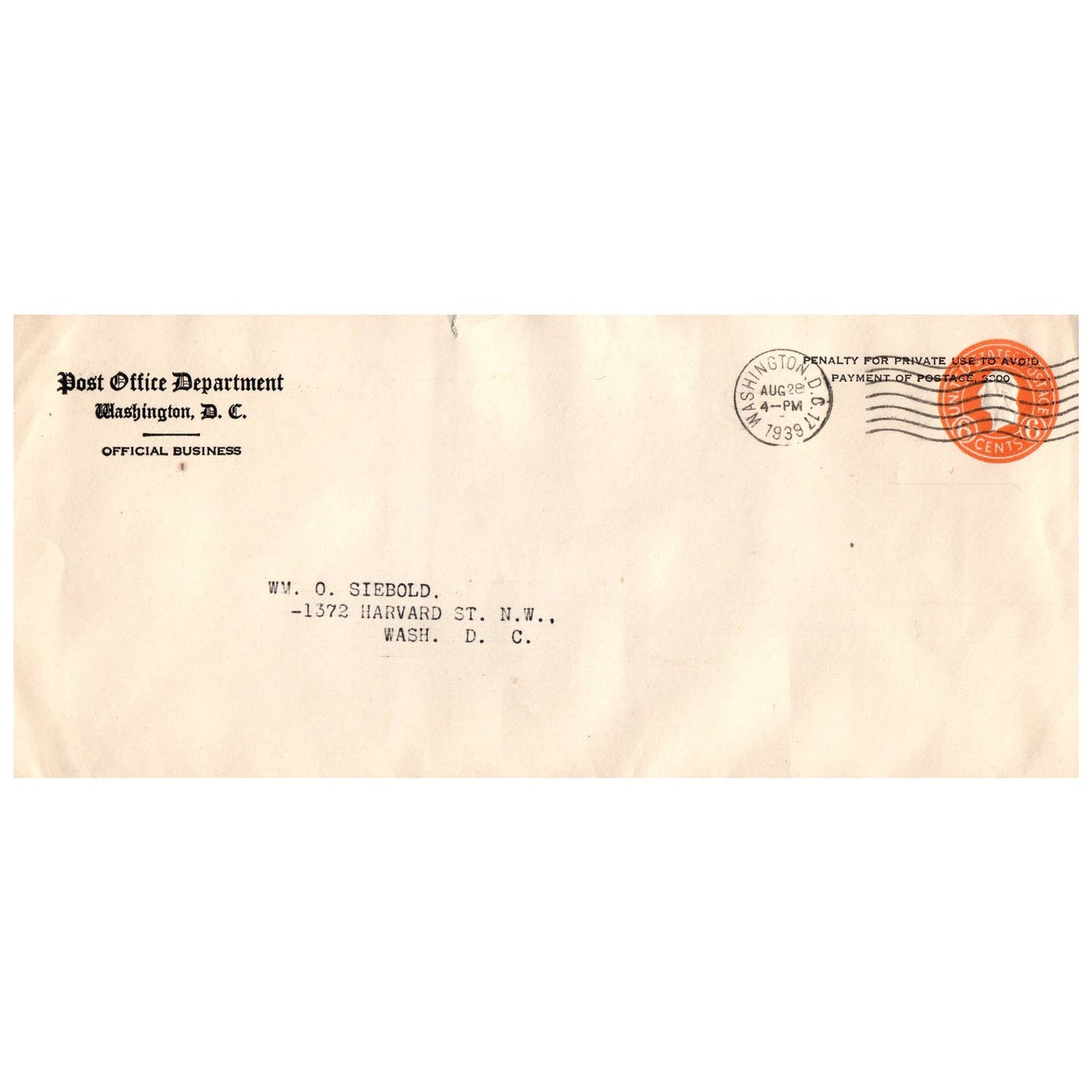1939 8-28 Postal Cover Post Office Dept Washington DC Official Business AD8