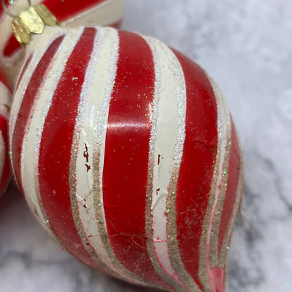 Lot of 4 Candy Cane Striped Mica Stencil Blown Mercury Glass Ornaments OT2