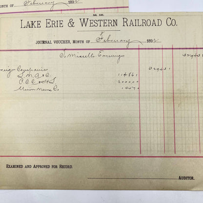 1892 Lake Erie & Western Railroad Co. Journal Voucher RR Lot of 2 AB1-4