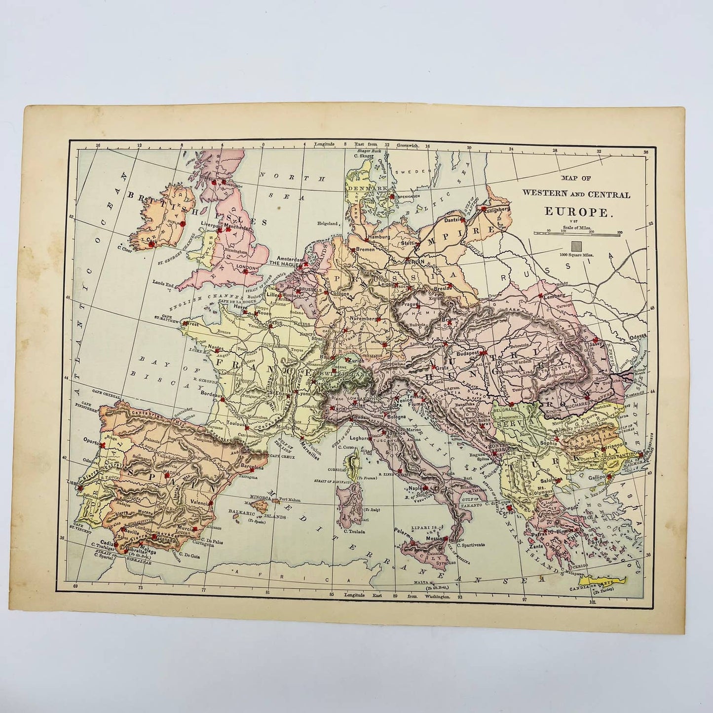 1896 Harper’s School Geography Map of WESTERN & Central EUROPE Color 9x12” FL1