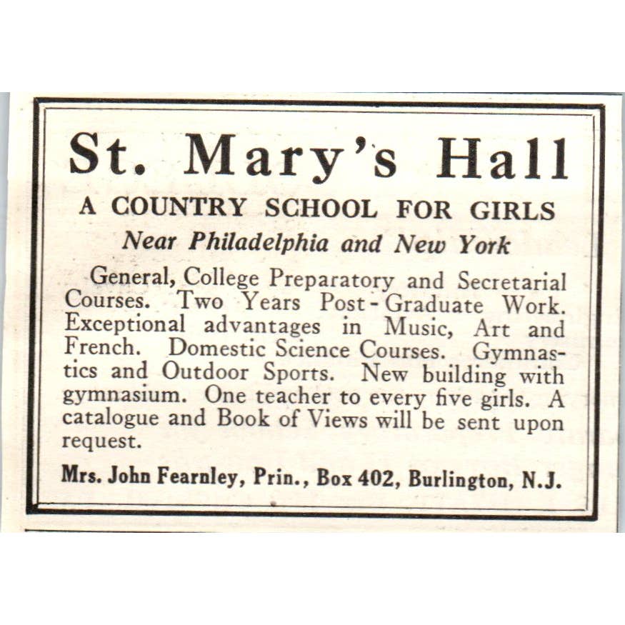 c1920 Harper's Ad - St. Mary's Hall School for Country Girls John Fearnley EA3-1
