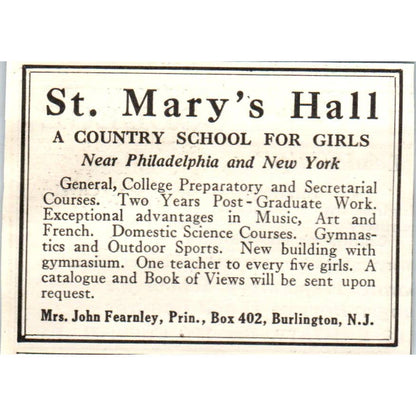c1920 Harper's Ad - St. Mary's Hall School for Country Girls John Fearnley EA3-1