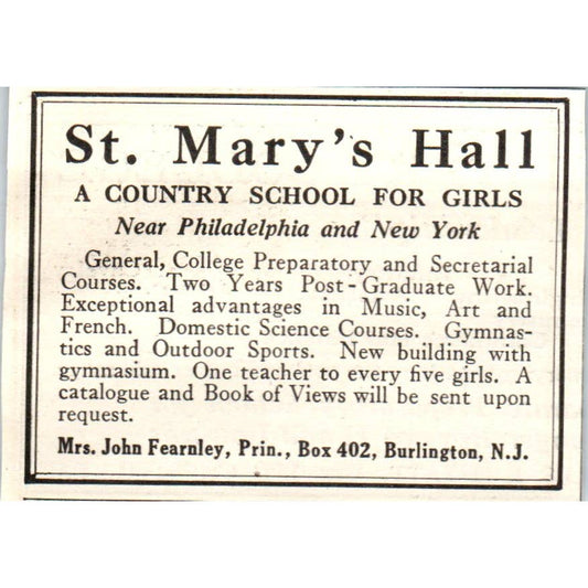 c1920 Harper's Ad - St. Mary's Hall School for Country Girls John Fearnley EA3-1