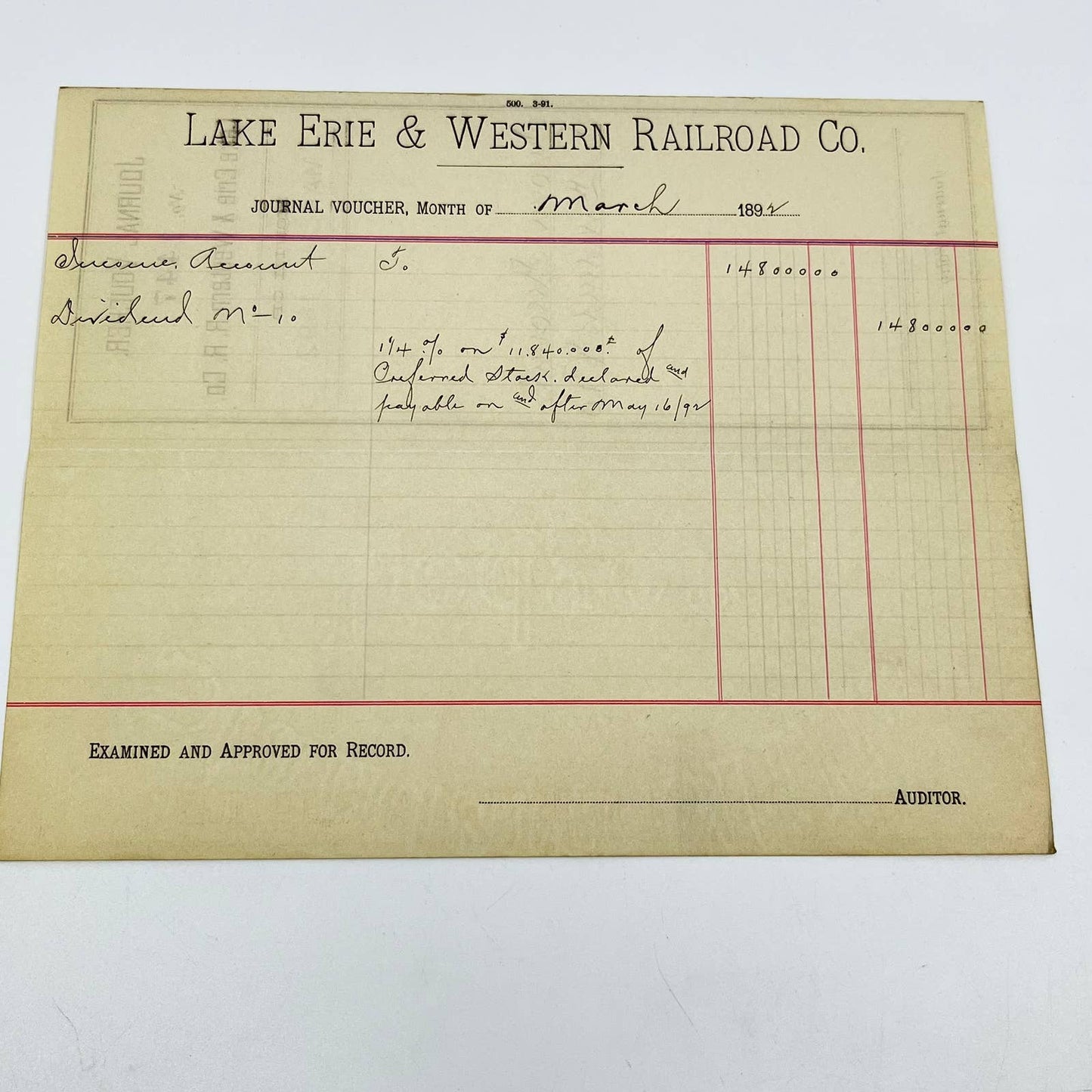 1892 Lake Erie & Western Railroad Co. Journal Voucher RR Lot of 2 AB1-6