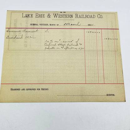 1892 Lake Erie & Western Railroad Co. Journal Voucher RR Lot of 2 AB1-6