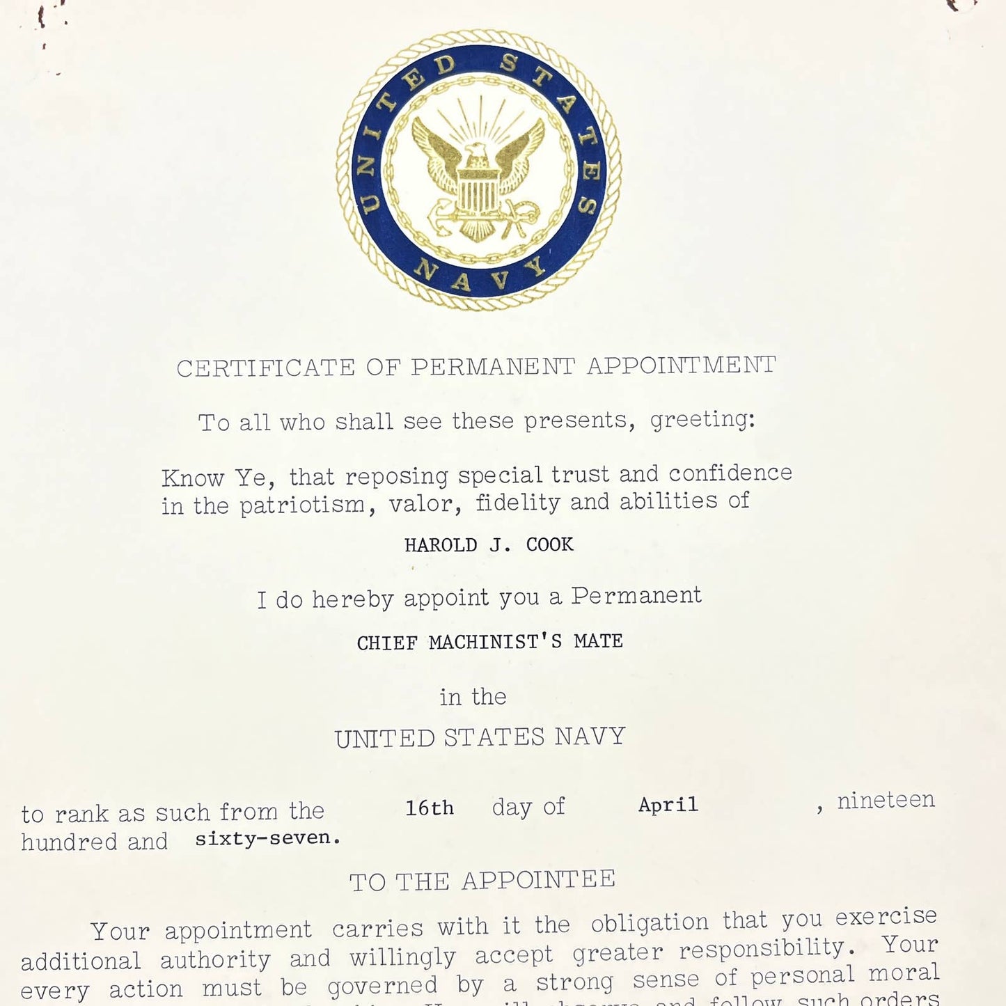 1967 US Navy Certificate of Permanent Appointment Chief Machinist's Mate AB7