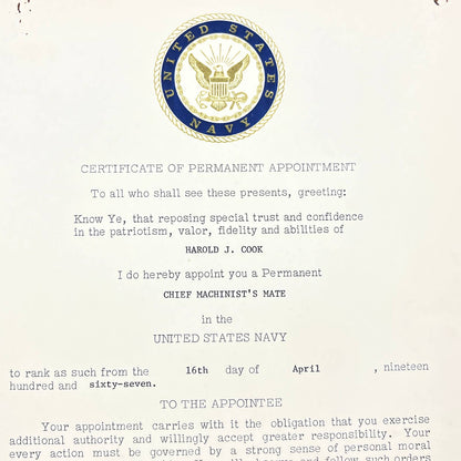 1967 US Navy Certificate of Permanent Appointment Chief Machinist's Mate AB7