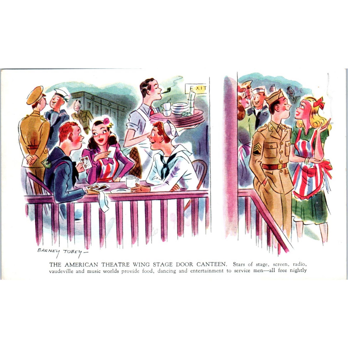 1943 WWII The American Theatre Wing Stage Door Canteen Cartoon Postcard TK1-26-4