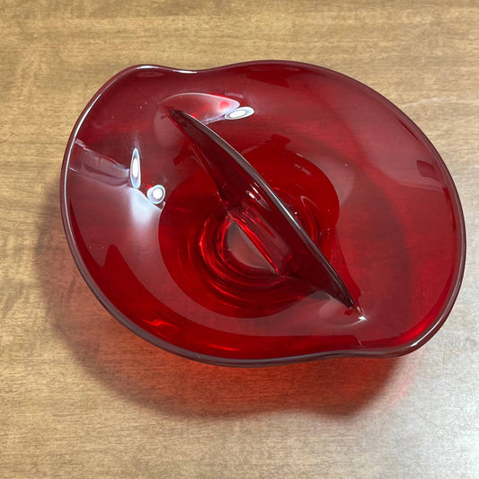 Vintage MCM VIKING GLASS Ruby Red Amberina 7" Divided Bowl Dish TA9