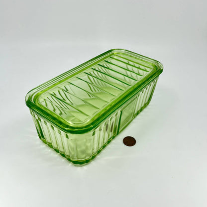 Anchor Hocking Green Uranium Depression Glass Refrigerator Box & Lid 8x4” TD8