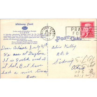 Whiteway Court Statesboro Georgia Ralph & Julia White 1957 - Postcard TJ7-RP2