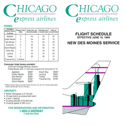 1994 Chicago Express Airlines New Des Moines Service Timetable Brochure SE4