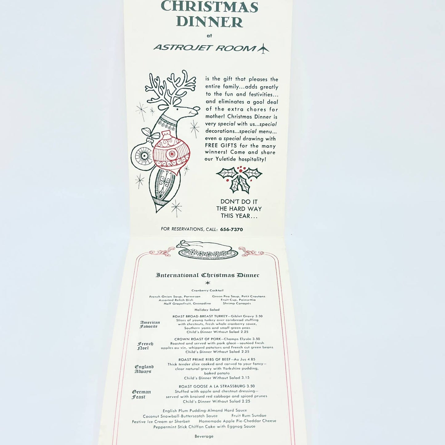 1960s American Airlines Astrojet Room Christmas Dinner Menu AB7