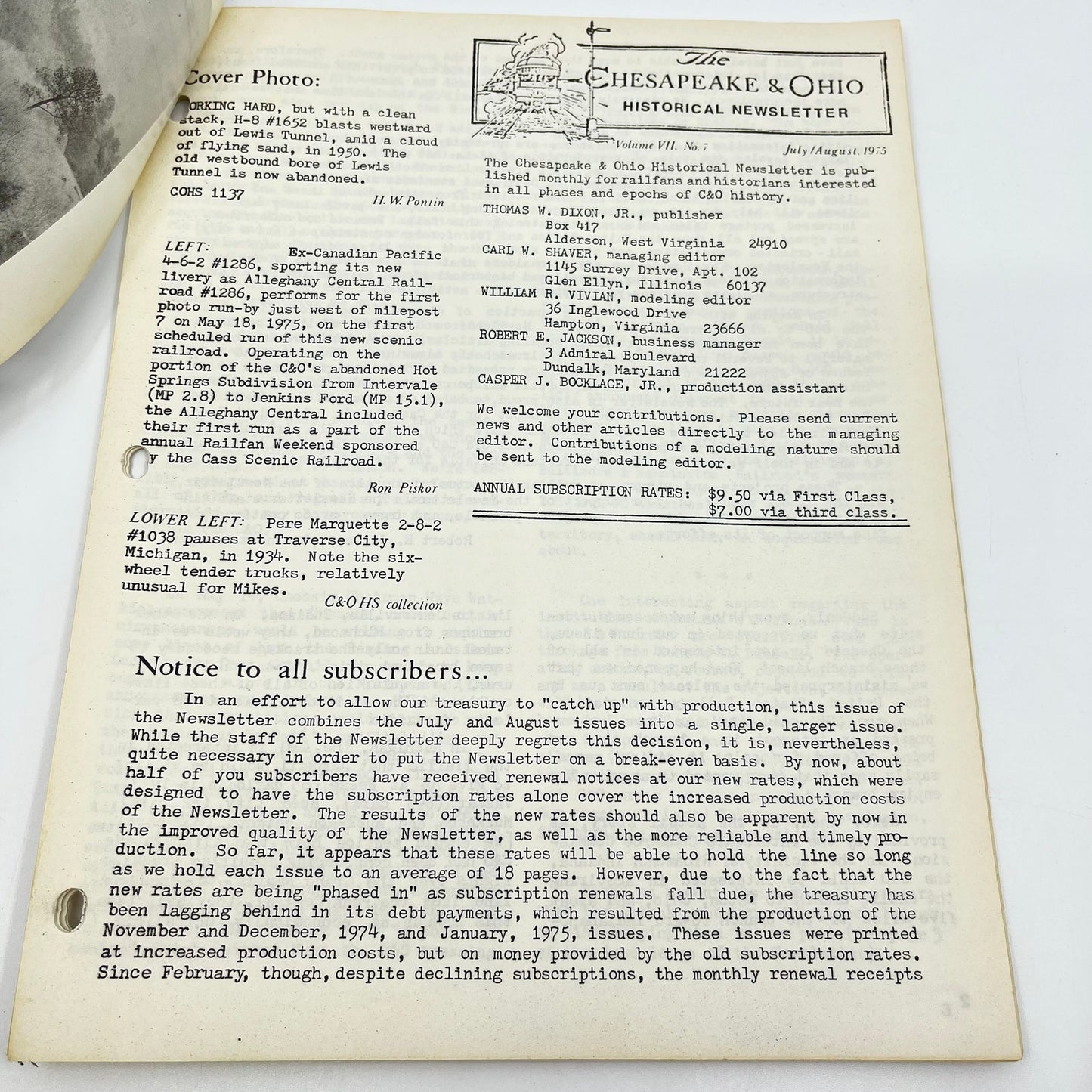 1975 Jul-Aug Chesapeake and Ohio Historical Newsletter C&O RR Thomas Dixon M1-2