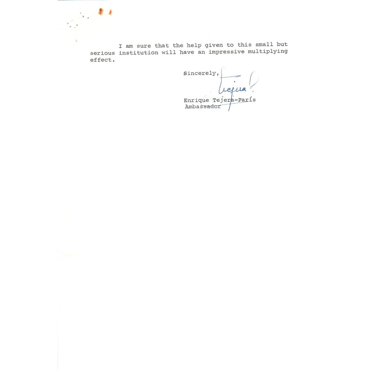 Venezuelan Ambassador Enrique Tejera-Paris Letterhead Memo 1964 TK1-P4