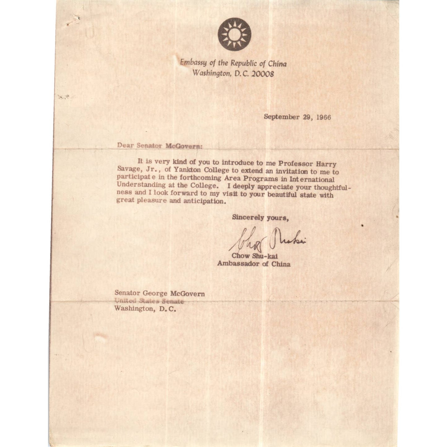 Chinese Ambassador Chow Shu-Kai Memo to George McGovern 1967 TK1-GM