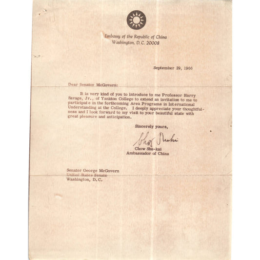 Chinese Ambassador Chow Shu-Kai Memo to George McGovern 1967 TK1-GM