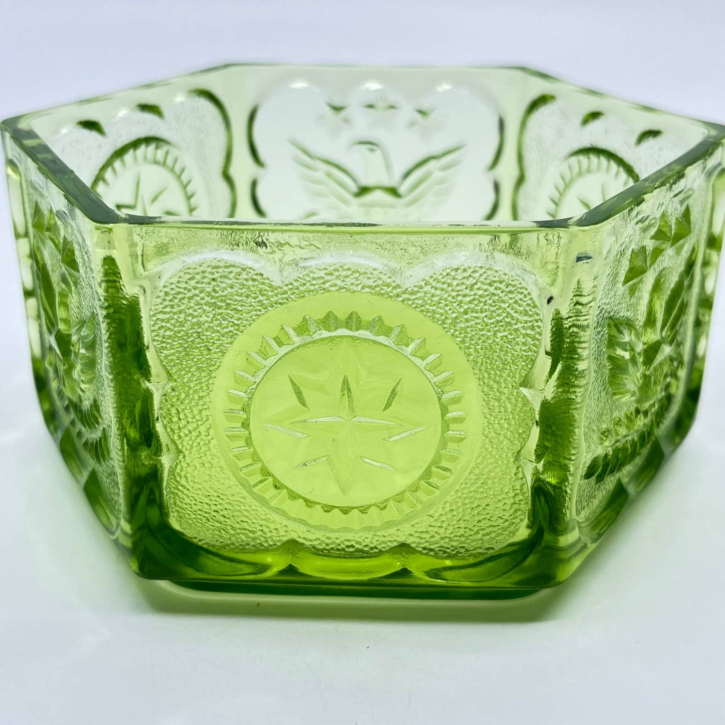 Vintage Green Hexagon Colony Indiana Glass Candy Dish With Eagles & Stars 5” TF5